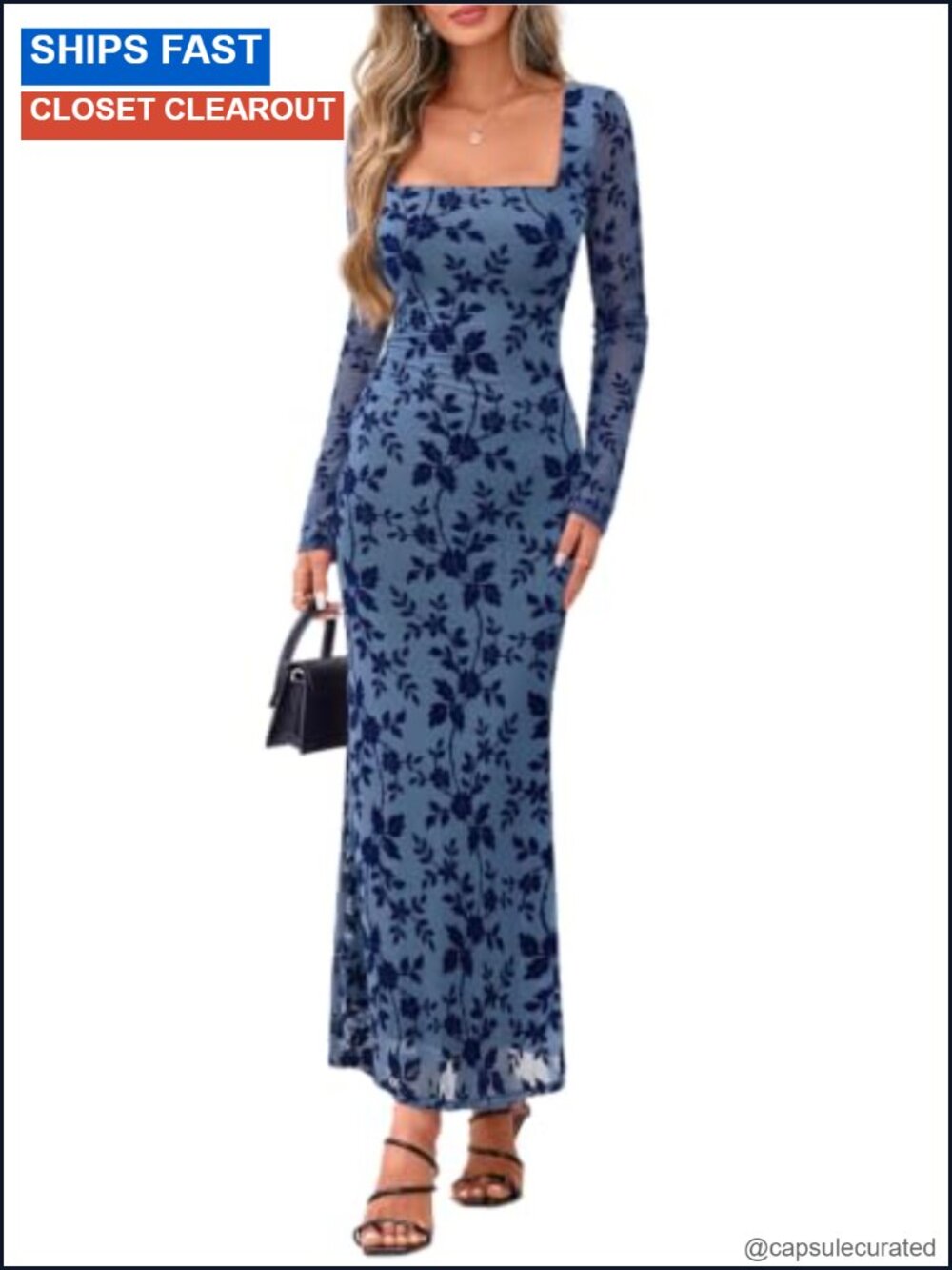 Square Neck Floral Mesh Ruched Long Sleeve Maxi Dress